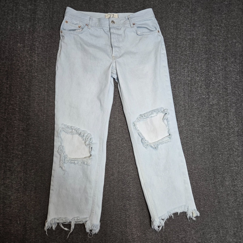 Free People‎ Maggie Mid-Rise Straight-Leg Cropped Jeans Blue Button Fly Sz 27